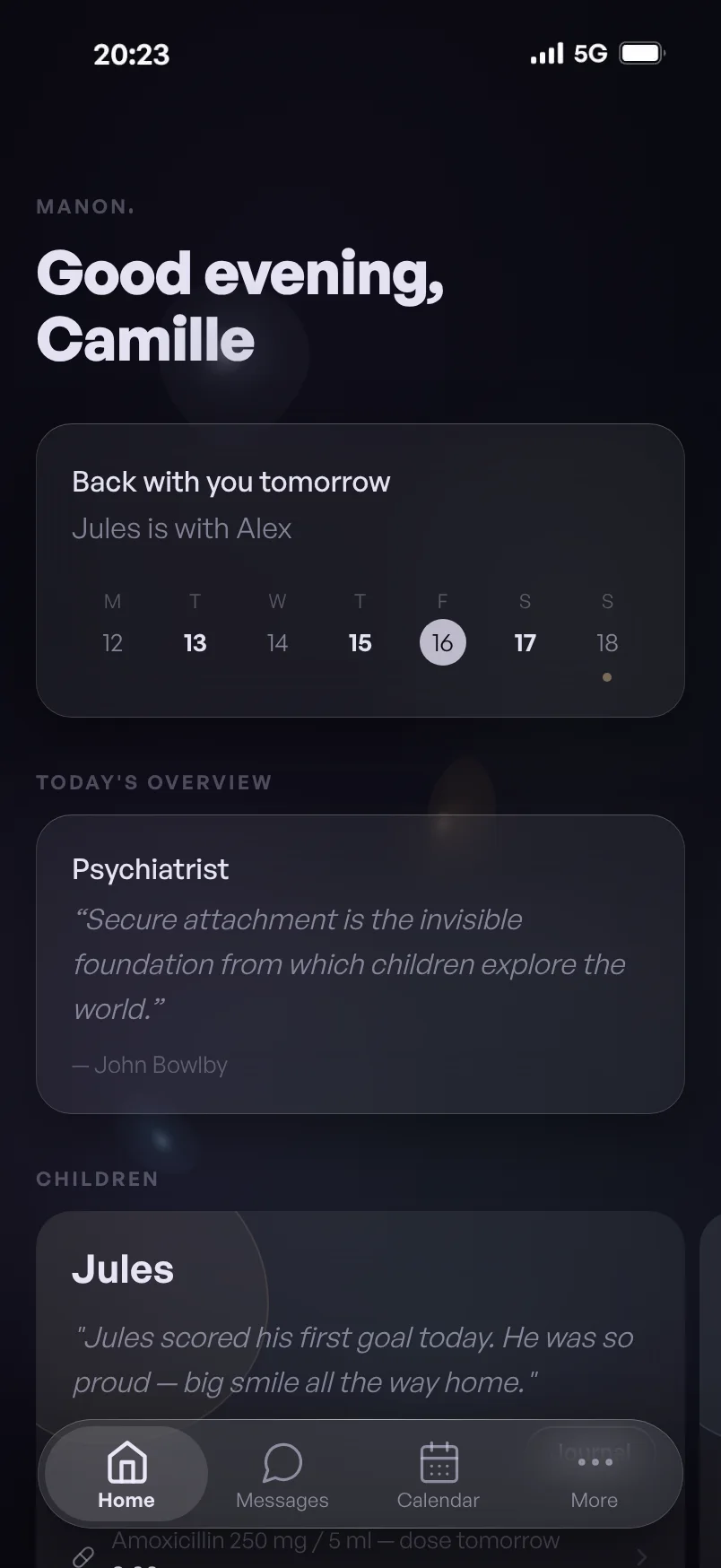 The Manon home screen: a greeting, who has the children today, and the day’s overview