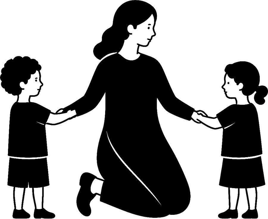 A parent crouching with their arms around two children