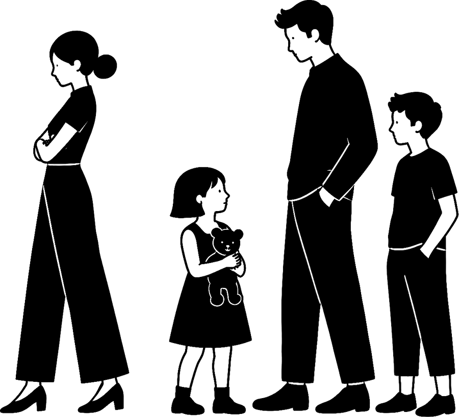 A mother and father standing apart with their two children between them